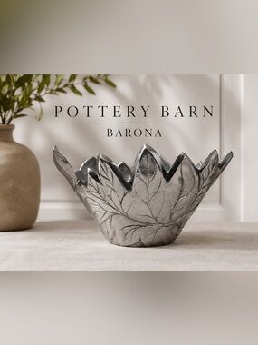Pottery Barn Barona Silver Leaf Bowl Decorative Centerpiece 11”